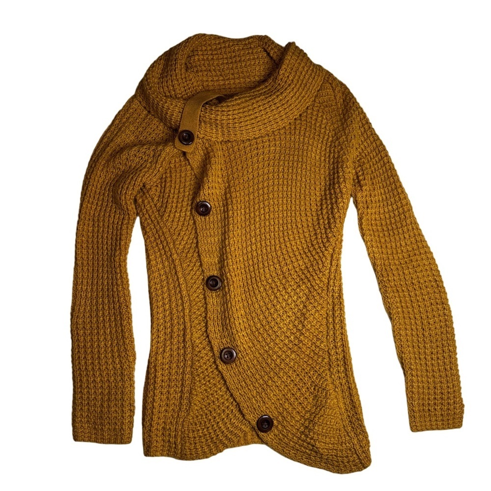 Mustard Yellow Turtle Cowl Neck Chunky Knit Sweater Size Small Asymmetrical Hem - Picture 10 of 10